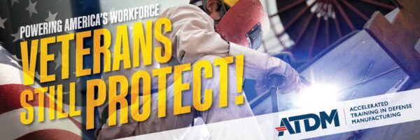digital ad that says "veterans still protect!" over image of man welding
