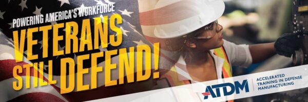 digital ad that says "veterans still defend!" over image of woman in hard hat