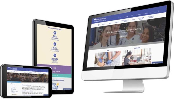 computer, phone, and tablet displaying the Bon Secours website
