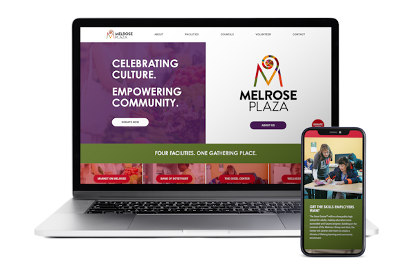 The Melrose Plaza website on a laptop