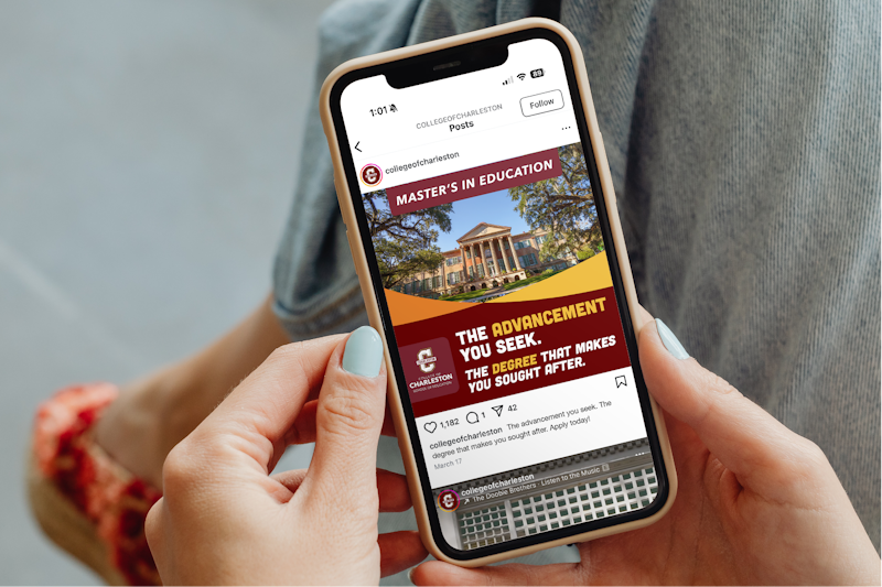 A smartphone displaying the College of Charleston website