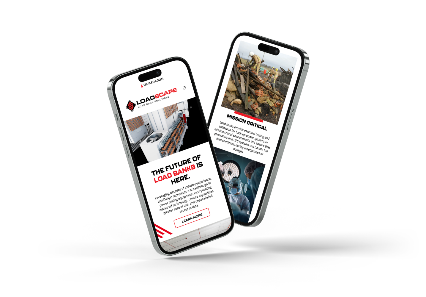 Two smartphones showing the Loadscape website