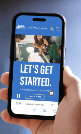 A smartphone with the Central Virginia Community College website