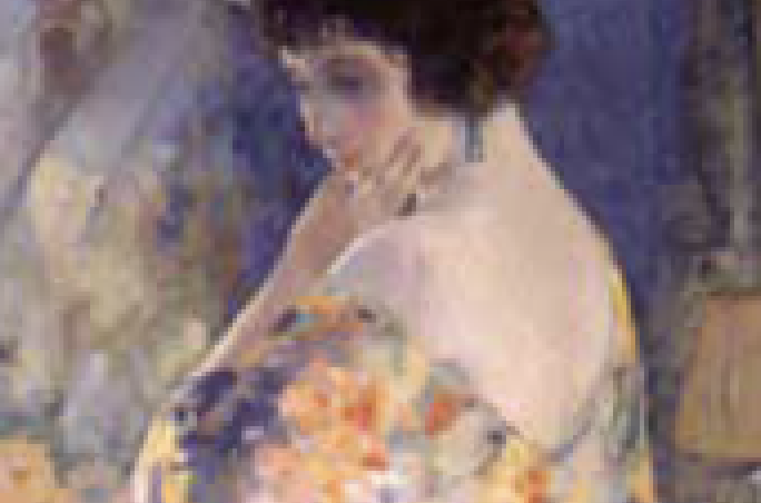 Closeup of a painting of a young woman